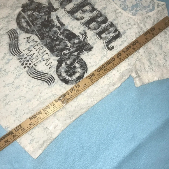 BONGO lace sheer top “Rebel American Made” motorcycle short cuffed sleeve size M - Picture 7 of 8